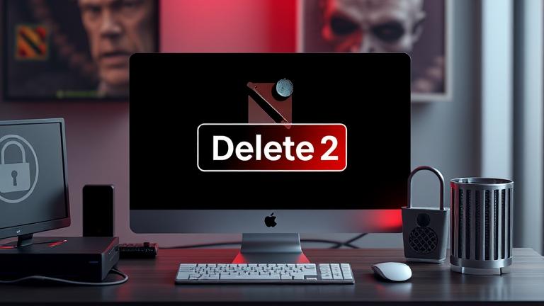 alt_text: Realistic scene of a computer screen with Dota 2 icon and a glowing delete button.