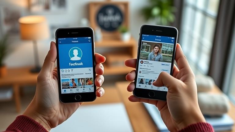 alt_text: Person holding two phones with Facebook apps, cozy workspace, managing multiple accounts smoothly.