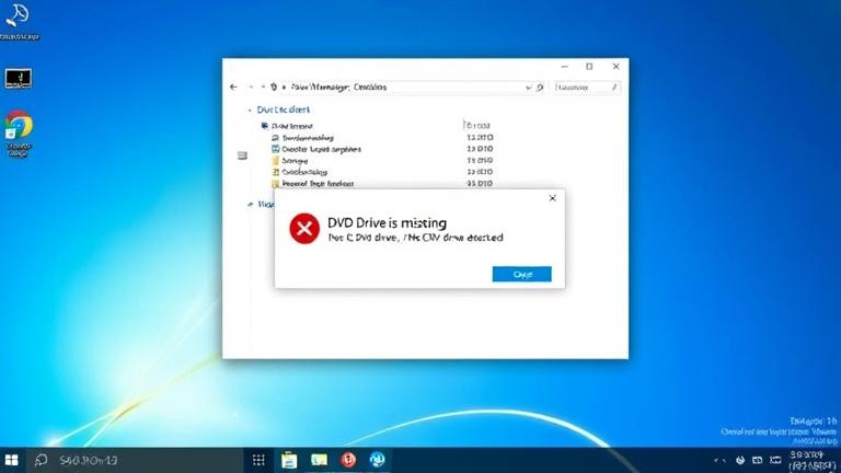 alt_text: Windows 10 desktop shows "DVD Drive is Missing" error, with Device Manager highlighting the issue.