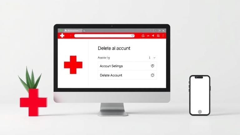 alt_text: Red Cross app on screen showing "Delete Account" option with a red cross symbol for guidance.