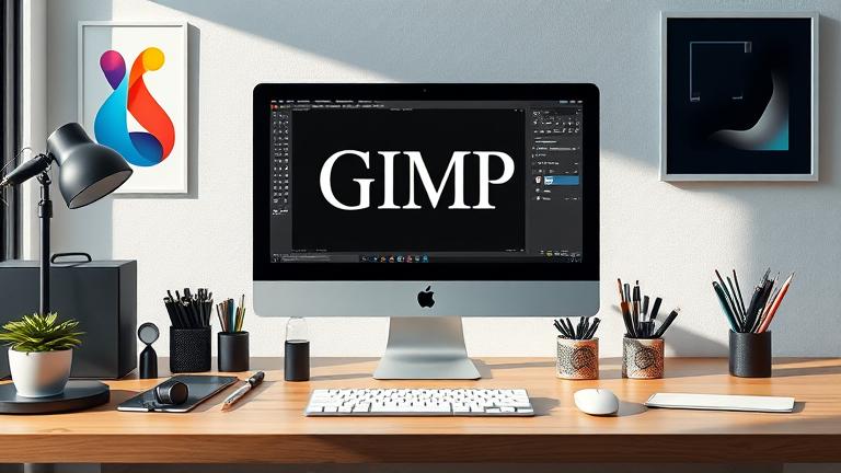 alt_text: Modern workspace featuring GIMP interface, art tools, and creative symbols highlighting open-source design.