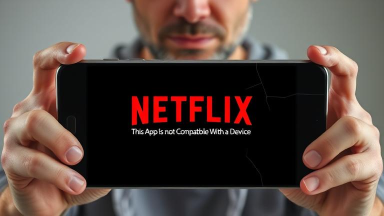 alt_text: Frustrated user with device showing Netflix error: "Not Compatible," cracks and icons visible.