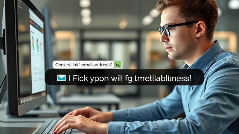 alt_text: Person focused on device, with email icons and search bar about finding CenturyLink email.
