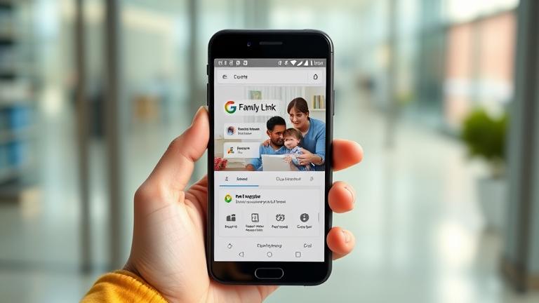 alt_text: Person holding phone with Google Family Link app, showing family management and connectivity.