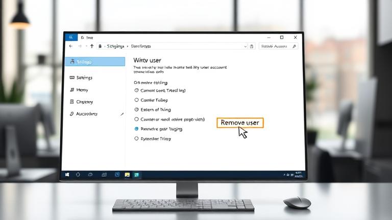 alt_text: Windows 10 Settings screen with user account removal, cursor pointing at "Remove user".