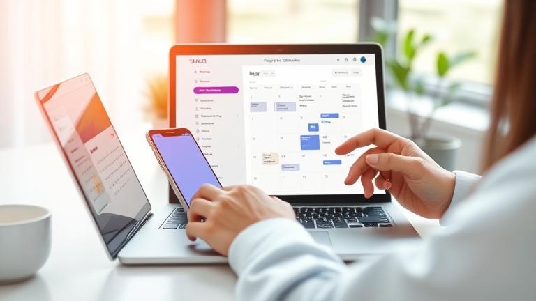 alt_text: Person managing Yahoo Calendar on laptop in a bright, clean workspace.