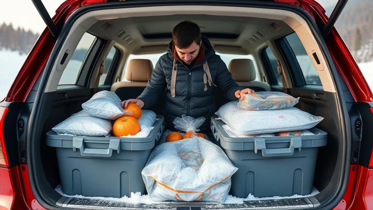 alt_text: Person loads frozen food into a cool, organized car with icy containers, on a scenic drive.