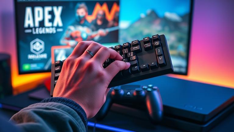 alt_text: Gamer uses keyboard/mouse on PS4 for intense Apex Legends gameplay.