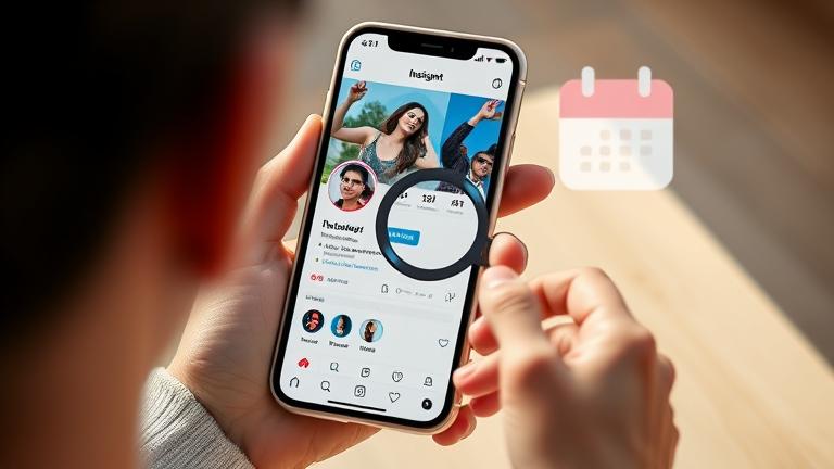 alt_text: Phone showing Instagram bio with magnifying glass and calendar, hinting at birthday search.