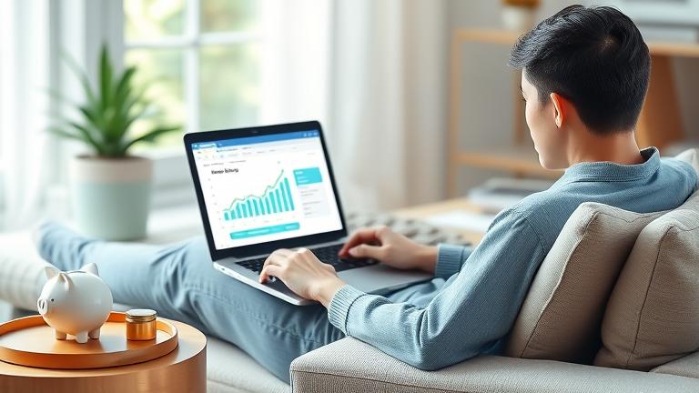 alt_text: Person enjoying online savings on laptop in cozy home with banking app, symbols of growth.