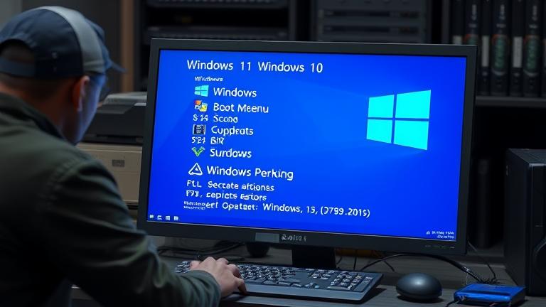 alt_text: Technician modifies boot menu on screen, adding Windows 10 or 11 options for startup.