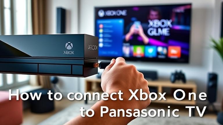 alt_text: Person connects Xbox One to Panasonic TV with HDMI, displaying gaming menu in modern living room.