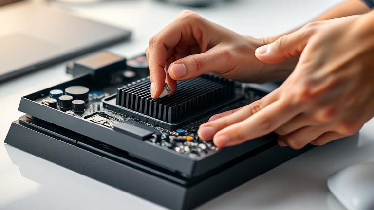 alt_text: Person cleaning PS4 Pro heatsink with a brush inside a modern, well-lit gaming setup.