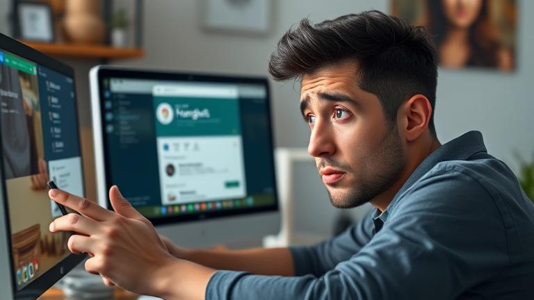 alt_text: Frustrated person looks at empty Google Hangouts on their device in a home office.