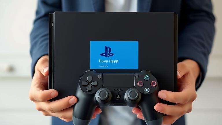 alt_text: Person holding PS4 with visible reset button, TV screen, and manual for alternative reset methods.