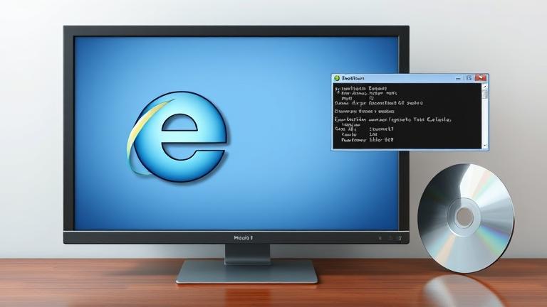 alt_text: Windows 7 DVD with IE10 logo, DISM commands, and technical elements for integration.
