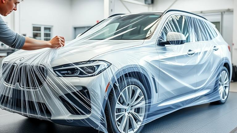 alt_text: Person wrapping a car in clear plastic cling wrap in a bright garage setting.