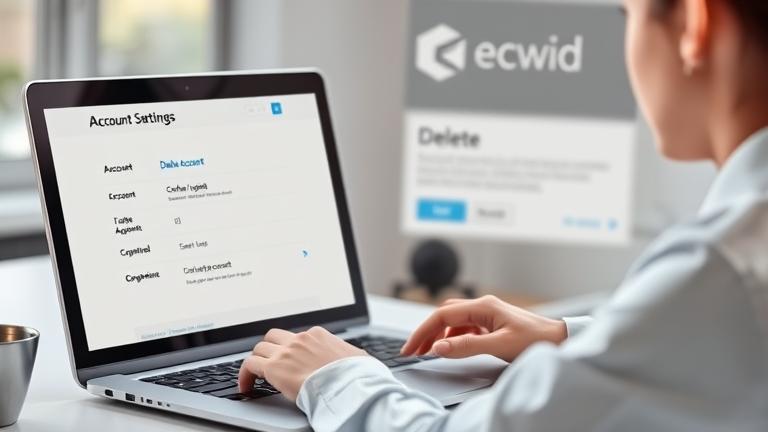 alt_text: Person at a laptop viewing account settings with Ecwid logo, focusing on account deletion.