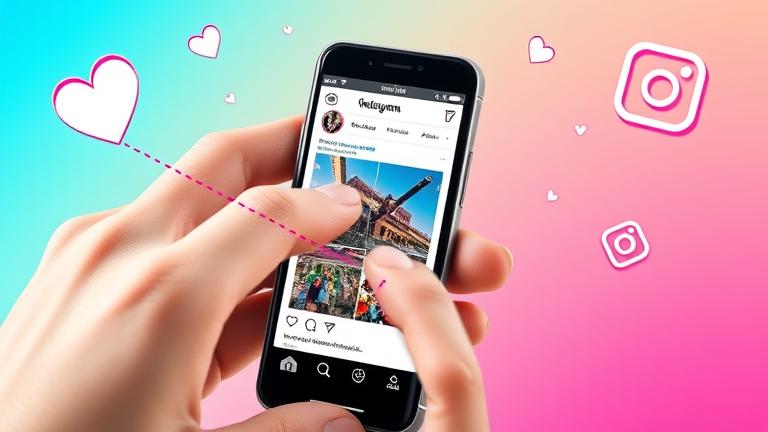 alt_text: Smartphone with Instagram feed, zoomed-in photo, hand pinching, vibrant, modern style.