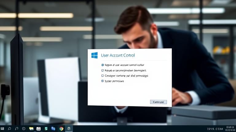 alt_text: Windows 8 desktop with UAC prompt,; professional in background managing system permissions.