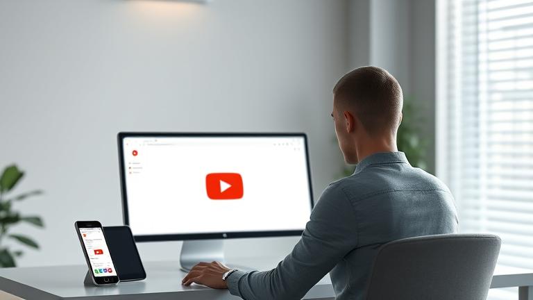 alt_text: Person at a modern desk with YouTube on laptop, phone, and settings open, guiding deletion.