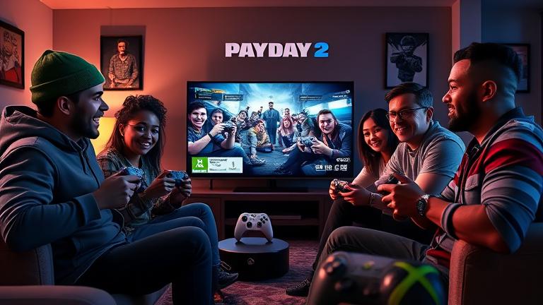 alt_text: Diverse friends playing Payday 2 on Xbox One, smiling, gaming together in a cozy room.