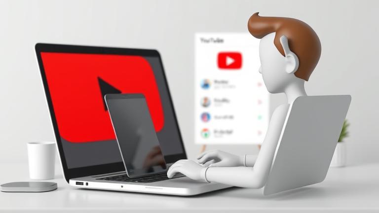 alt_text: Person confidently managing YouTube account on laptop with logo and settings in background.