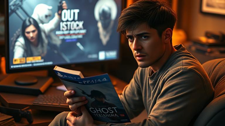 alt_text: Frustrated gamer with PS4, holding Ghost of Tsushima case, feeling disappointed amid out-of-stock notice.