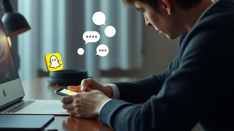 alt_text: Person at desk with Snapchat icon and fading chats, pondering if deletions erase conversations.