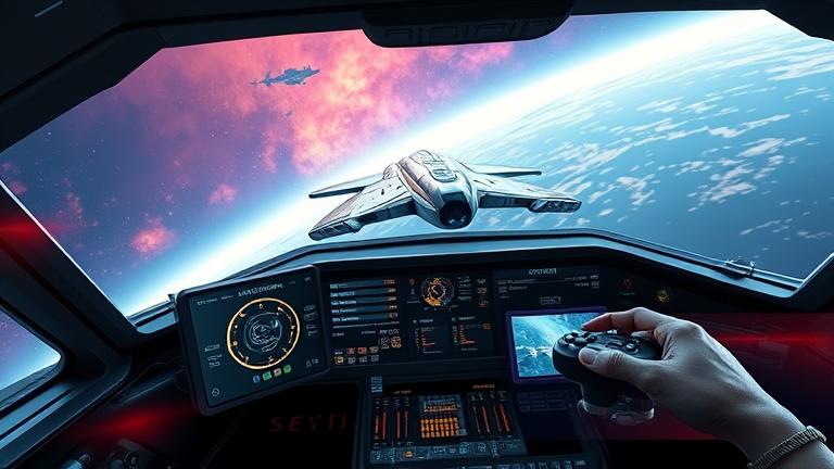 alt_text: Elite Dangerous cockpit with spaceship near nebula, overlayed with a camera icon for screenshot.