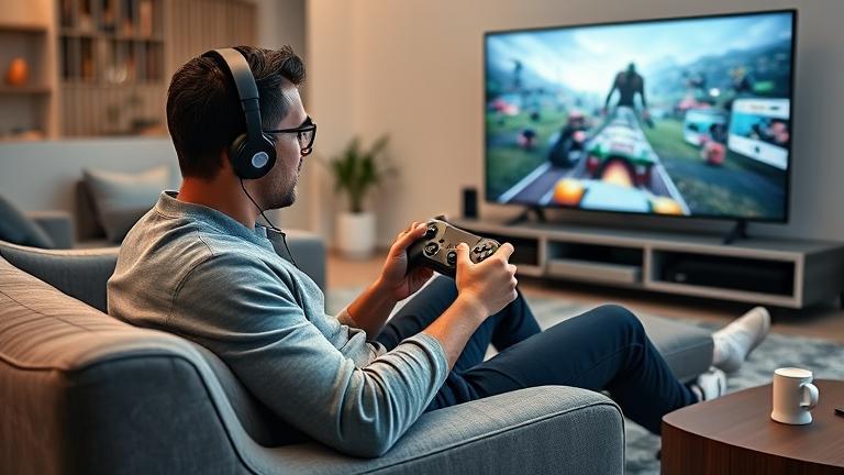 alt_text: Person wearing AirPods, gaming on Xbox with controller, sleek console, and TV display.
