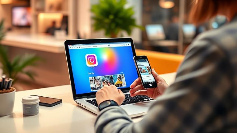 alt_text: Person sets up an Instagram fanpage on a laptop, with colorful interface and fan icons.