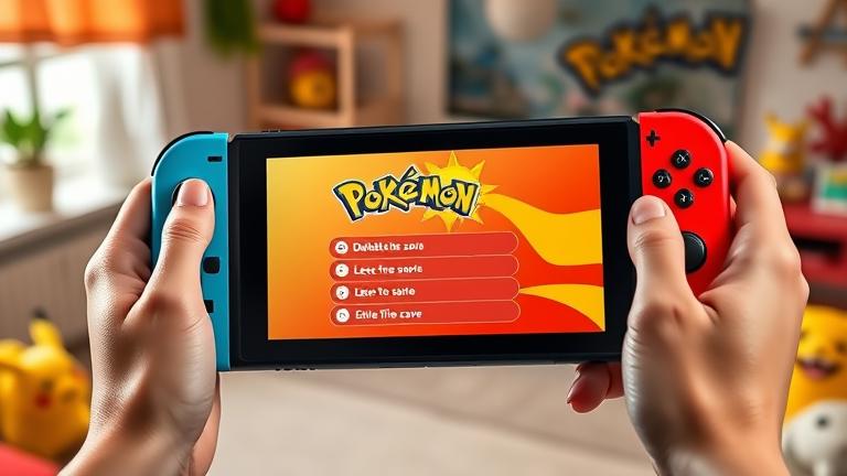 alt_text: Person holding Switch with Pokémon Sun menu, focusing on save deletion, in cozy, vibrant setup.