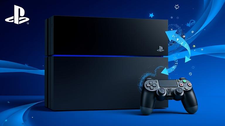 alt_text: PlayStation 4 with swirling arrows and progress bar, symbolizing cache clearing.