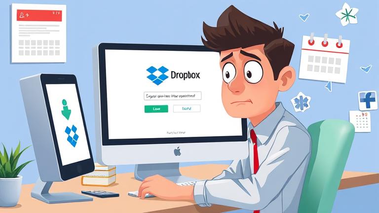 alt_text: Worried person notices Dropbox expiration warning and fading icons at their desk.