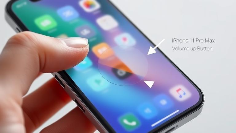 alt_text: iPhone 11 Pro Max being used to take a screenshot with guidance arrows.