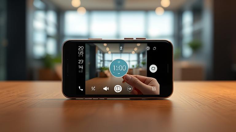 alt_text: Smartphone with Instagram camera, timer icon highlighted, and countdown in a bright, clean setting.