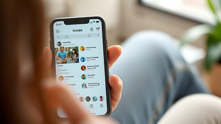 alt_text: Person using phone with Instagram group chats visible on screen, blurred background.