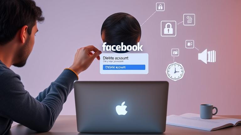alt_text: A person at a desk with a Facebook open laptop, highlighting account deletion and privacy.