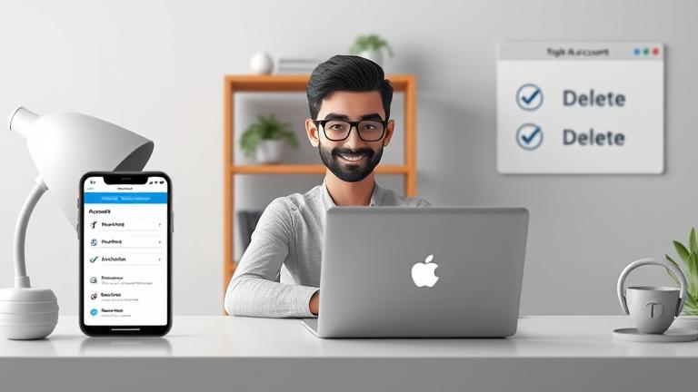 alt_text: Person confidently managing online accounts at a modern desk with tech and security icons.