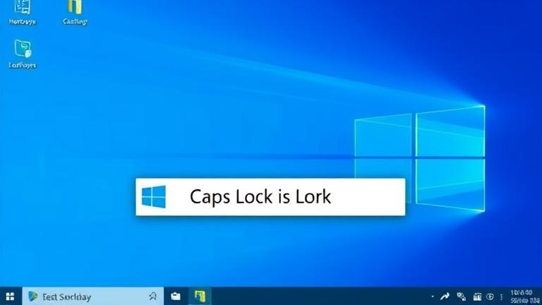 alt_text: Windows 10 desktop with a subtle "Caps Lock is On" notification banner at bottom-right.