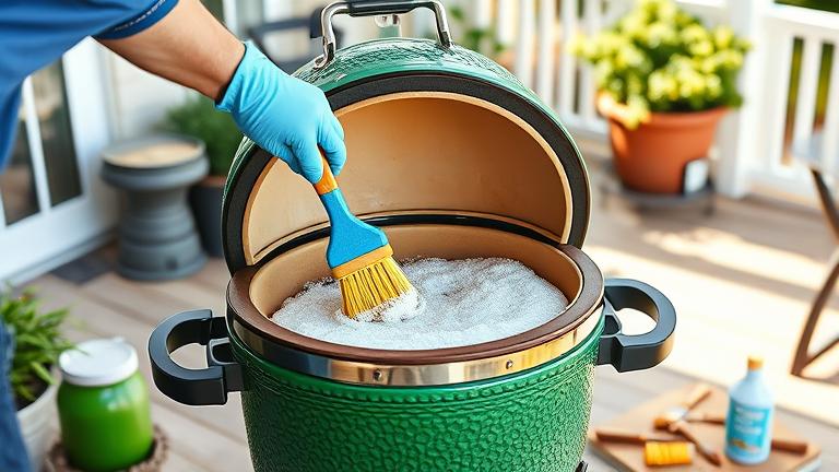alt_text: Person cleaning a green ceramic grill outdoors with brushes and cleaning supplies.