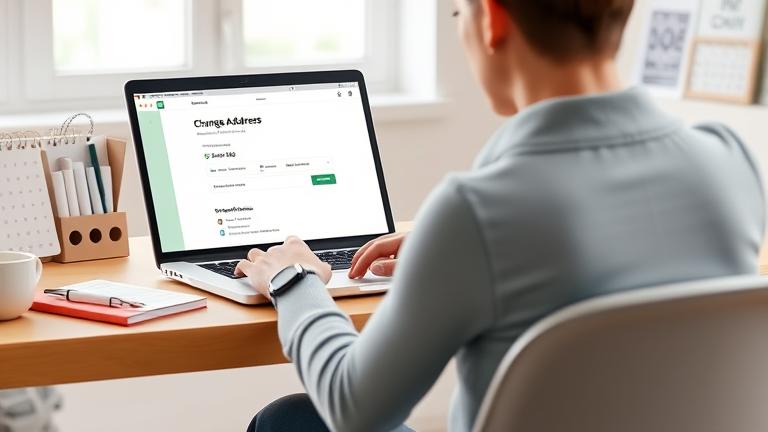 alt_text: Person updating address on Ebates via laptop or phone, with calendar and notes visible.