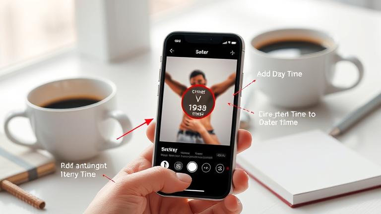 alt_text: Smartphone editing Instagram story with clock sticker, bright setup, casual vibe.