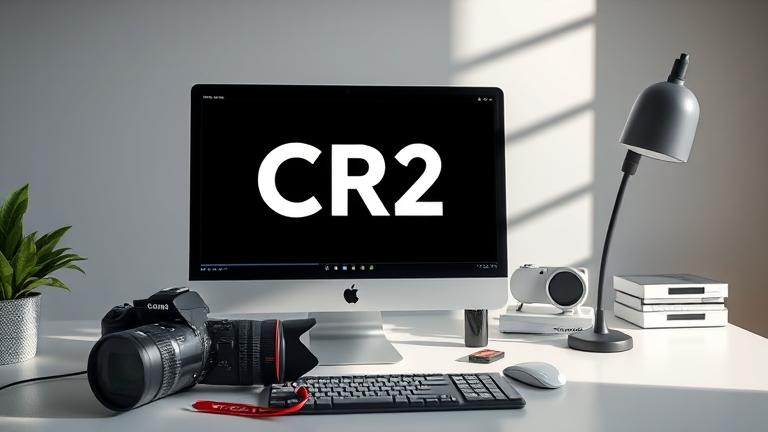 alt_text: Modern workspace with a monitor showing CR2 files, DSLR camera, and memory cards.