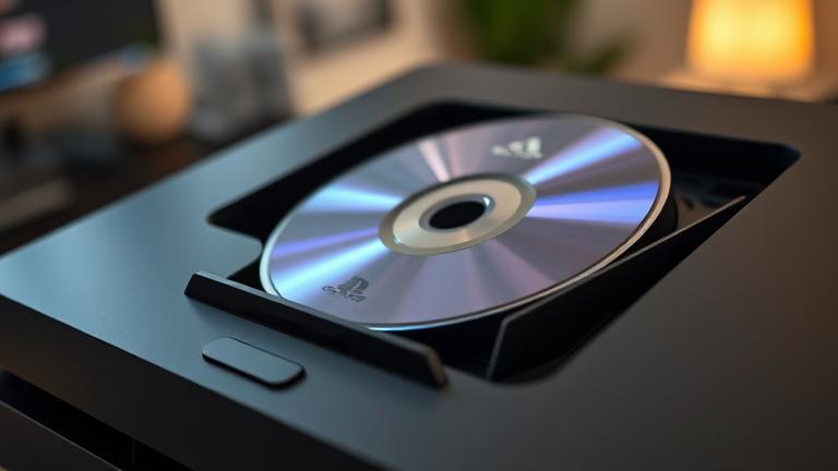 alt_text: Close-up of PS4 ejecting disc, hand nearby, cozy gaming room hints at troubleshooting.