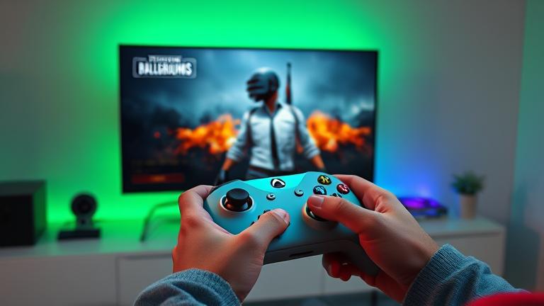 alt_text: Xbox gamer holding controller with colorful, customizable blood effects in PUBG gameplay.