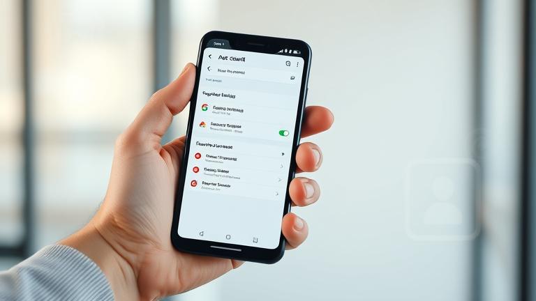 alt_text: Person holding phone with Google account settings, emphasizing account removal in a professional, modern setting.