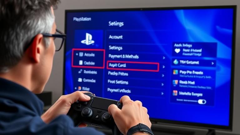 alt_text: Person on TV using PS4, deleting credit card via account settings, with controller in hand.