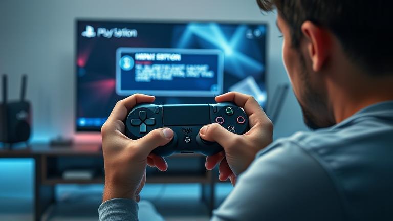 alt_text: Person holding a PS4 controller in a gaming room with a restricted message on screen.